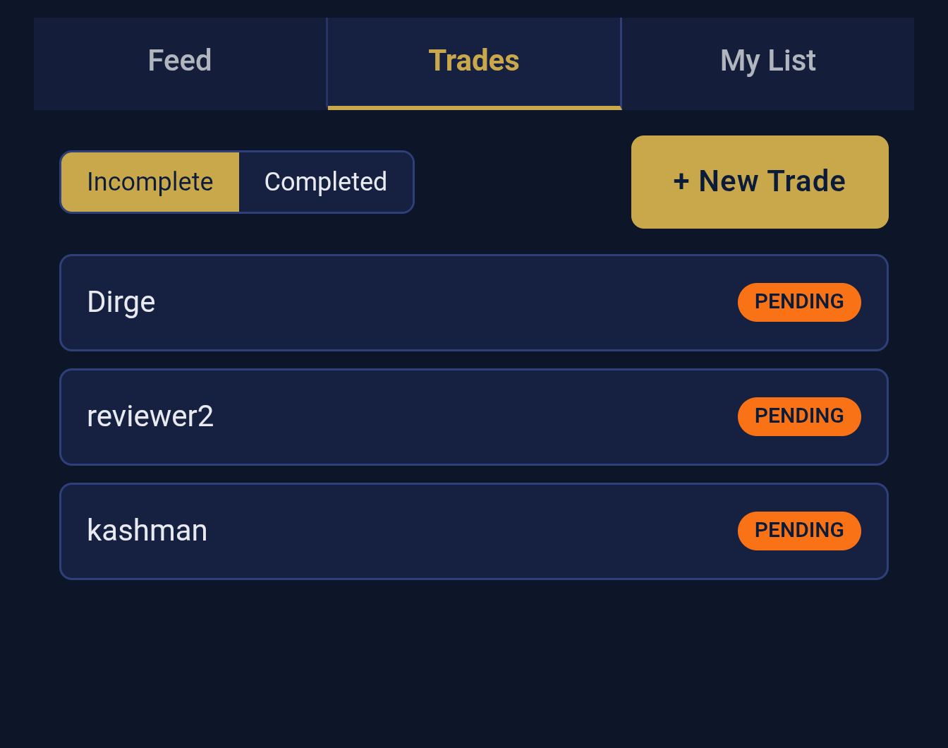 ColLock trade screen with pending trades and a New Trade button